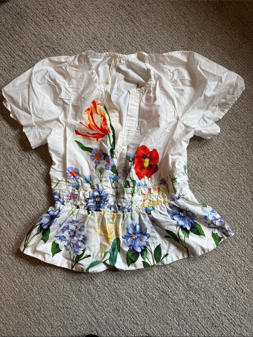 Anthropologie Somerset White Floral Puff Sleeve Peplum Top